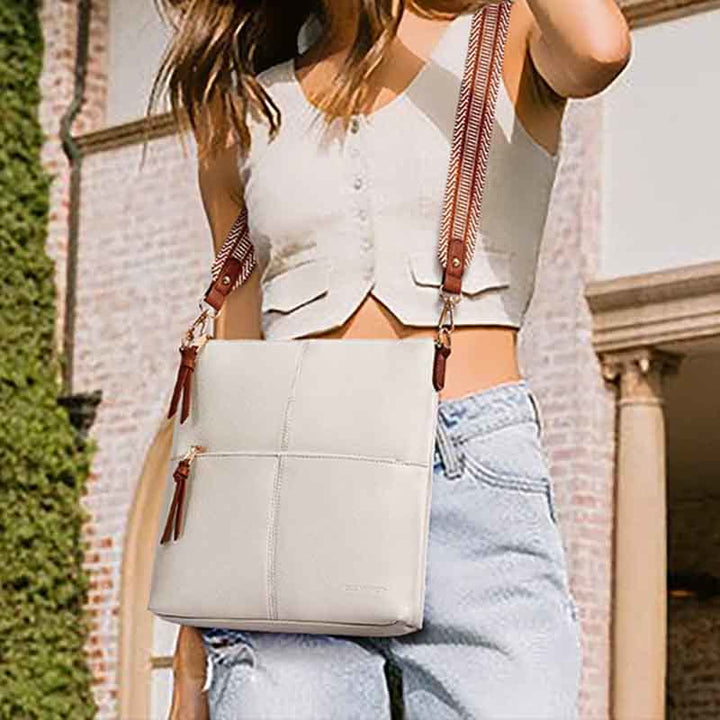 Umhängetasche mit breitem Riemen für Damen, Schultertasche aus veganem Leder
