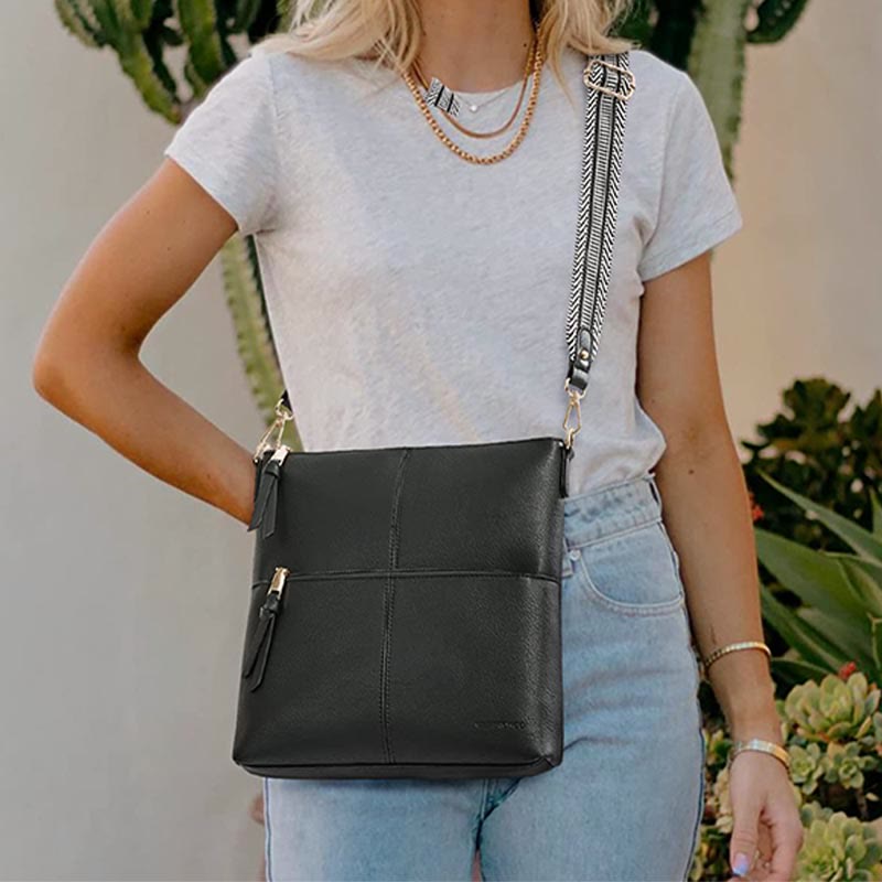 Umhängetasche mit breitem Riemen für Damen, Schultertasche aus veganem Leder
