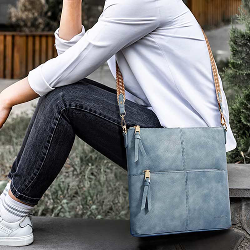 Umhängetasche mit breitem Riemen für Damen, Schultertasche aus veganem Leder
