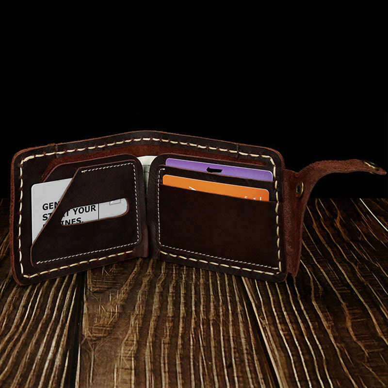 Retro-Geldbörse aus Leder für Herren und Damen, zweifach faltbar, handgefertigt, für die Vordertasche