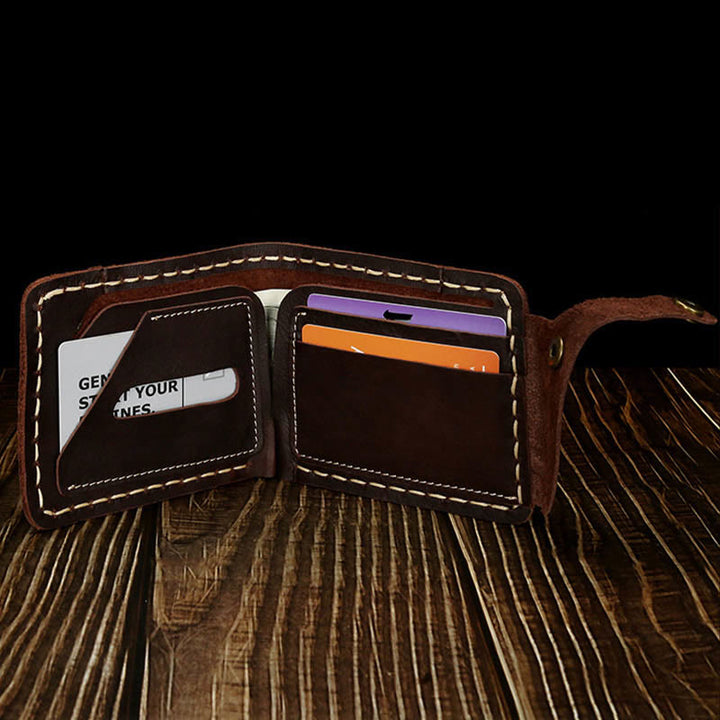 Retro-Geldbörse aus Leder für Herren und Damen, zweifach faltbar, handgefertigt, für die Vordertasche