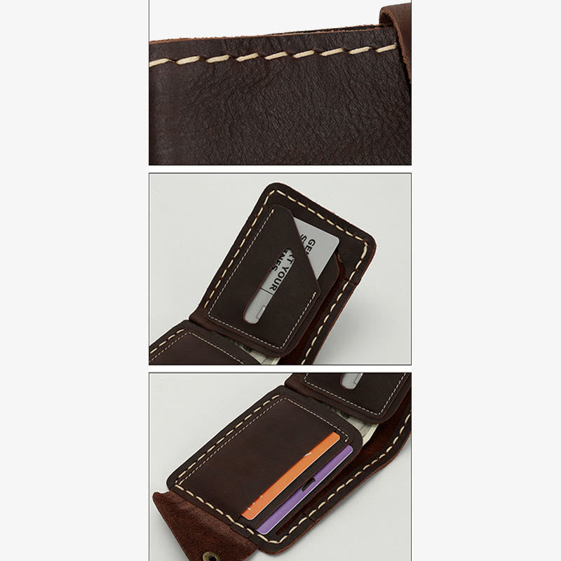Retro-Geldbörse aus Leder für Herren und Damen, zweifach faltbar, handgefertigt, für die Vordertasche