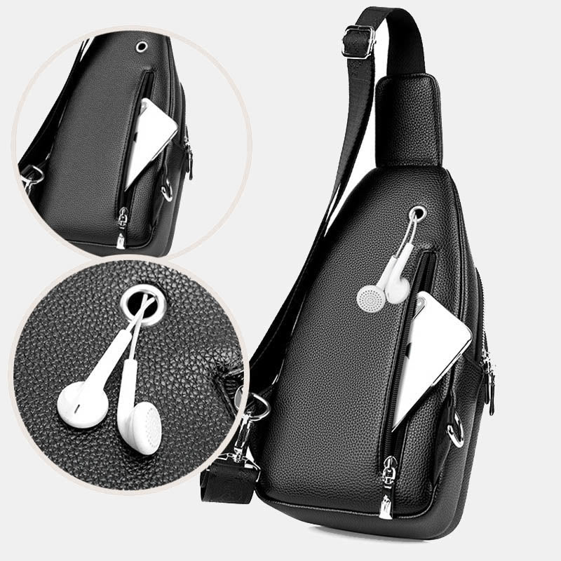 Sling Bag für Herren aus Leder, Ein-Schulter-Rucksack mit USB-Ladeanschluss