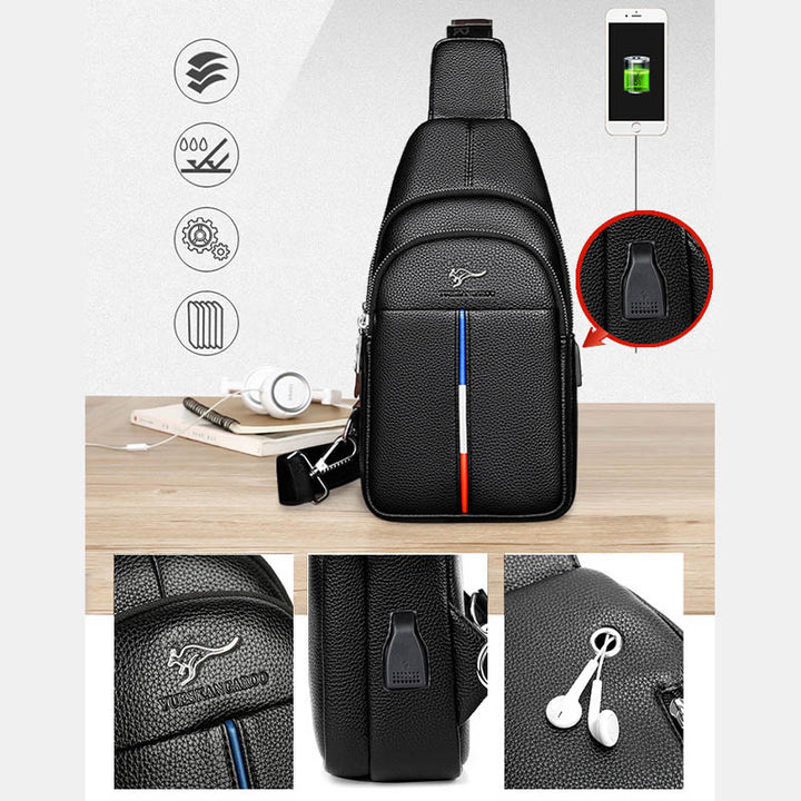 Sling Bag für Herren aus Leder, Ein-Schulter-Rucksack mit USB-Ladeanschluss