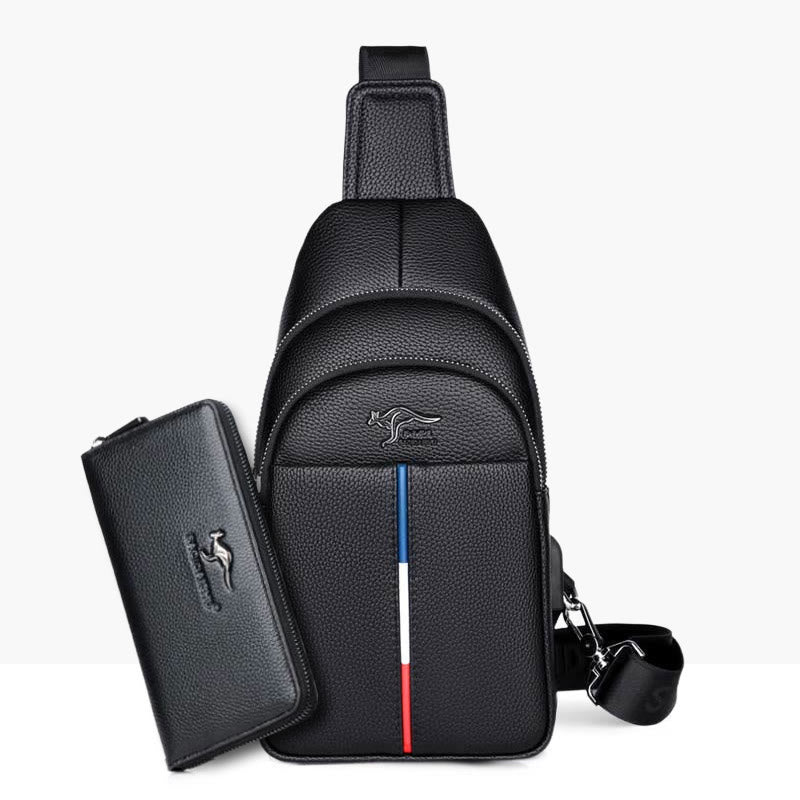 Sling Bag für Herren aus Leder, Ein-Schulter-Rucksack mit USB-Ladeanschluss