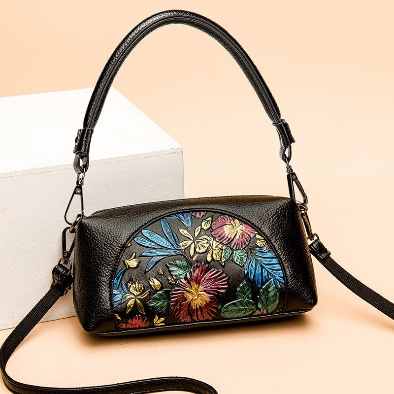 Elegante Umhängetasche für Damen, halbrund, mit Blumenprägung