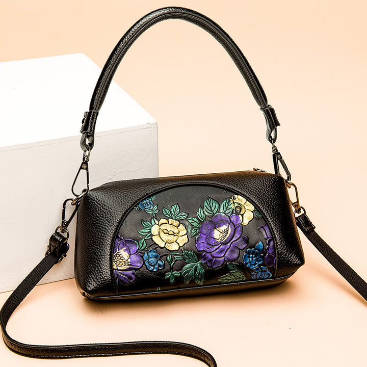 Elegante Umhängetasche für Damen, halbrund, mit Blumenprägung