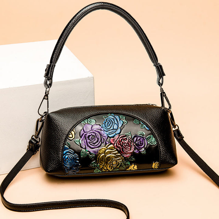 Elegante Umhängetasche für Damen, halbrund, mit Blumenprägung