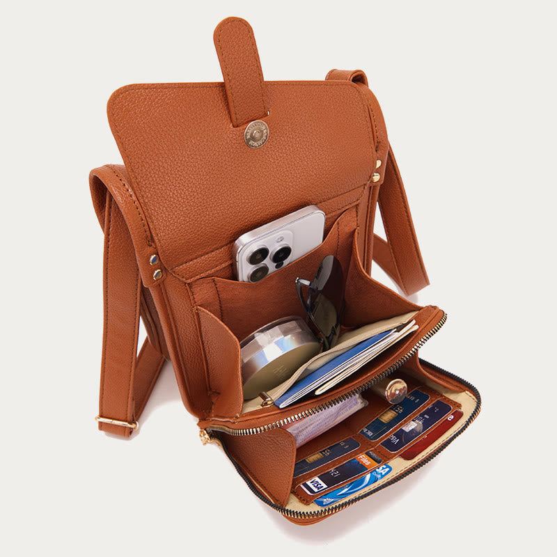 Kleine Umhängetasche aus weichem, gekrispeltem veganen Leder im Vintage-Stil mit mehreren Taschen