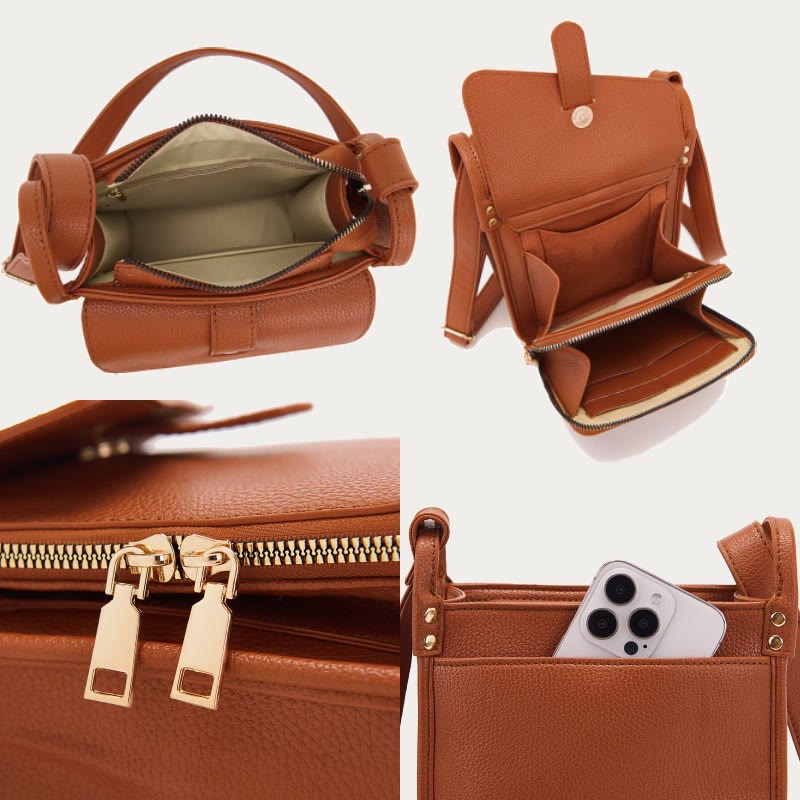 Kleine Umhängetasche aus weichem, gekrispeltem veganen Leder im Vintage-Stil mit mehreren Taschen