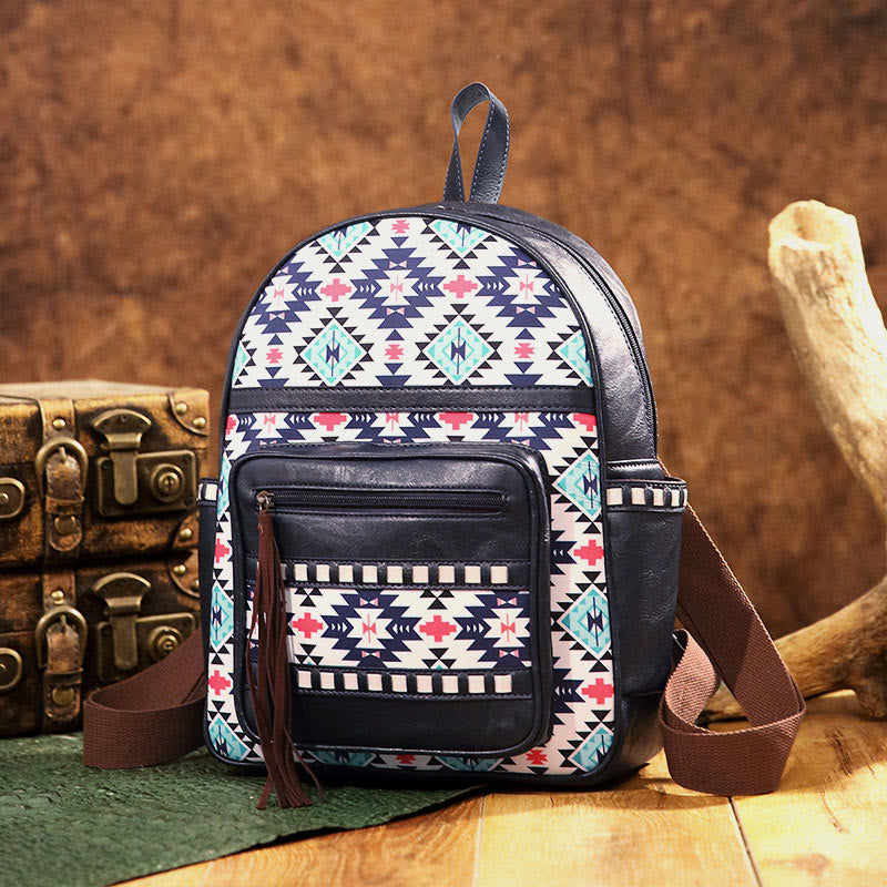 Kleiner Rucksack aus veganem Leder für Damen, Boho-Rucksack mit Quaste, Reise-Tagesrucksack