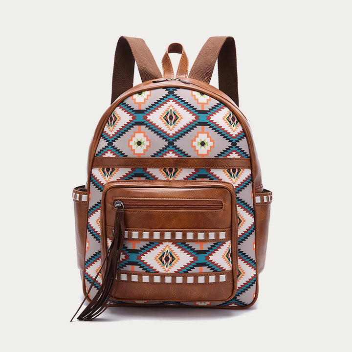 Kleiner Rucksack aus veganem Leder für Damen, Boho-Rucksack mit Quaste, Reise-Tagesrucksack