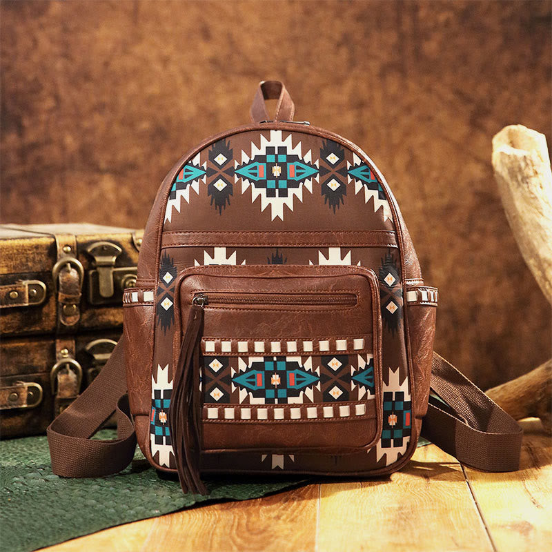 Kleiner Rucksack aus veganem Leder für Damen, Boho-Rucksack mit Quaste, Reise-Tagesrucksack