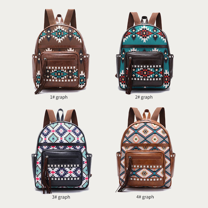 Kleiner Rucksack aus veganem Leder für Damen, Boho-Rucksack mit Quaste, Reise-Tagesrucksack