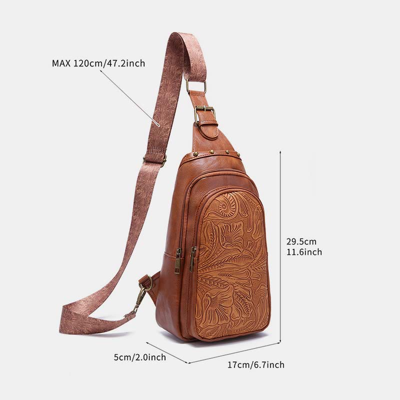 Schultertasche aus Kunstleder mit Nieten im Retro-Stil mit graviertem Muster