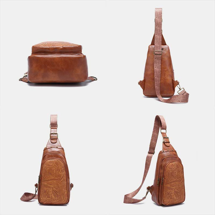 Schultertasche aus Kunstleder mit Nieten im Retro-Stil mit graviertem Muster