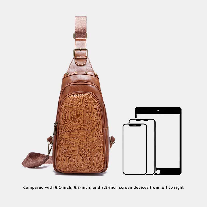 Schultertasche aus Kunstleder mit Nieten im Retro-Stil mit graviertem Muster