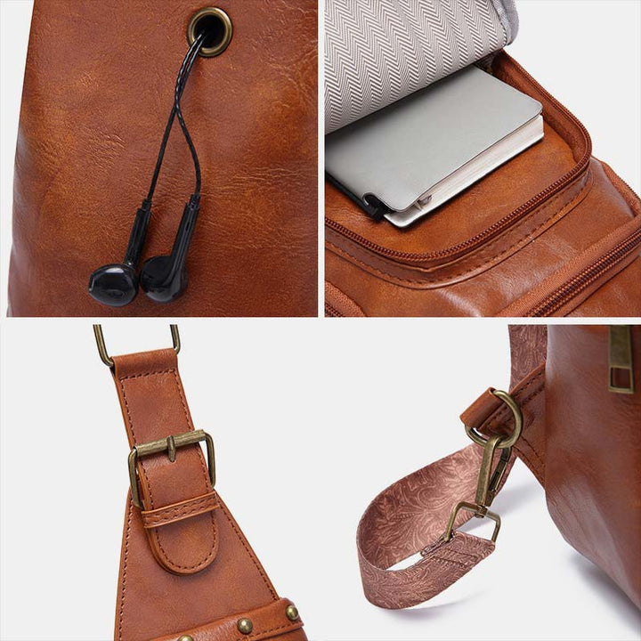 Schultertasche aus Kunstleder mit Nieten im Retro-Stil mit graviertem Muster
