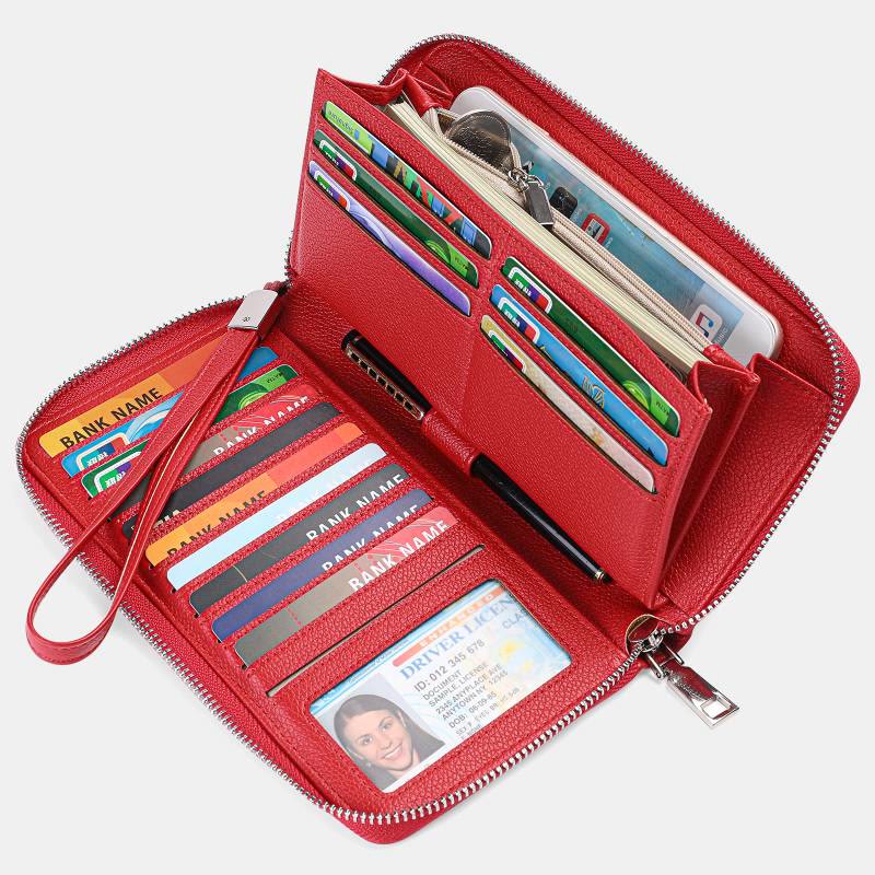 RFID-Geldbörse für Damen, großes Fassungsvermögen, Kartenfächer, Ledergeldbörse - Rot - image 0