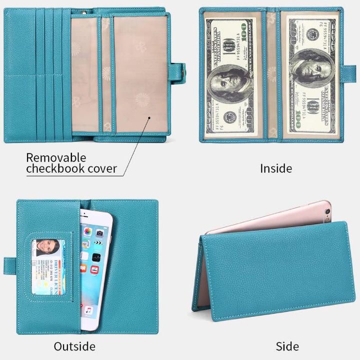 RFID-blockierende Scheckheft-Geldbörse für Frauen, minimalistische Handgelenktasche aus echtem Leder
