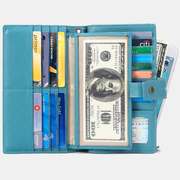 RFID-blockierende Scheckheft-Geldbörse für Frauen, minimalistische Handgelenktasche aus echtem Leder