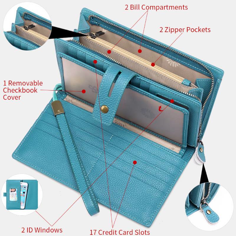 RFID-blockierende Scheckheft-Geldbörse für Frauen, minimalistische Handgelenktasche aus echtem Leder