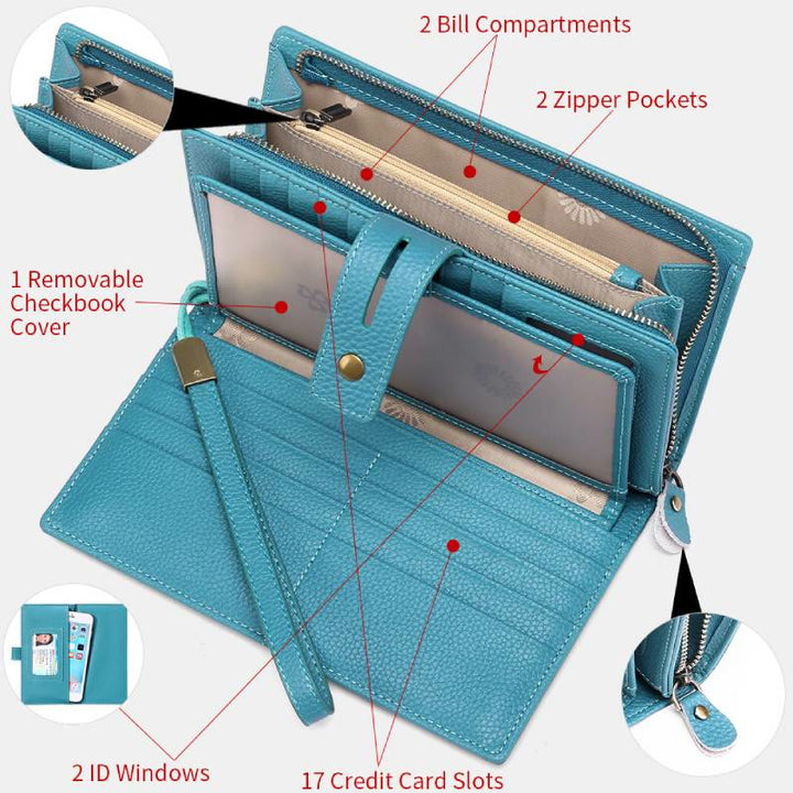 RFID-blockierende Scheckheft-Geldbörse für Frauen, minimalistische Handgelenktasche aus echtem Leder