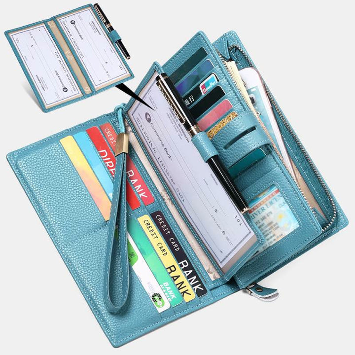 RFID-blockierende Scheckheft-Geldbörse für Frauen, minimalistische Handgelenktasche aus echtem Leder