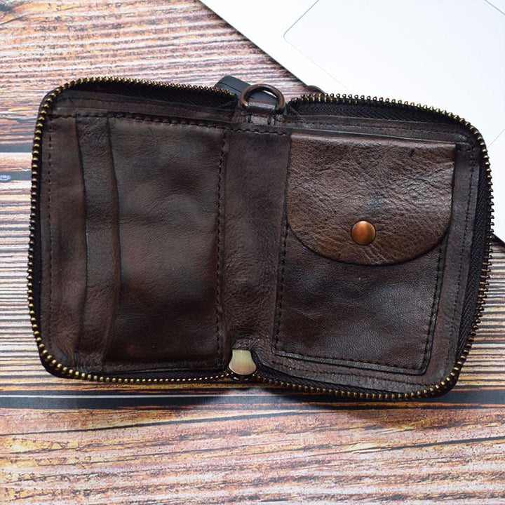 Retro-Geldbörse aus echtem Leder mit Rundum-Reißverschluss für Damen und Herren