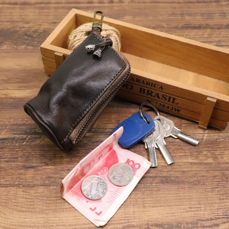 Retro Mini Geldbörse aus echtem Leder mit Reißverschluss, kleine Aufbewahrungstasche