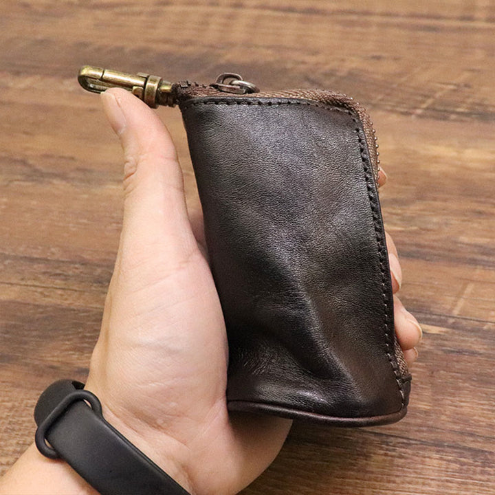 Retro Mini Geldbörse aus echtem Leder mit Reißverschluss, kleine Aufbewahrungstasche