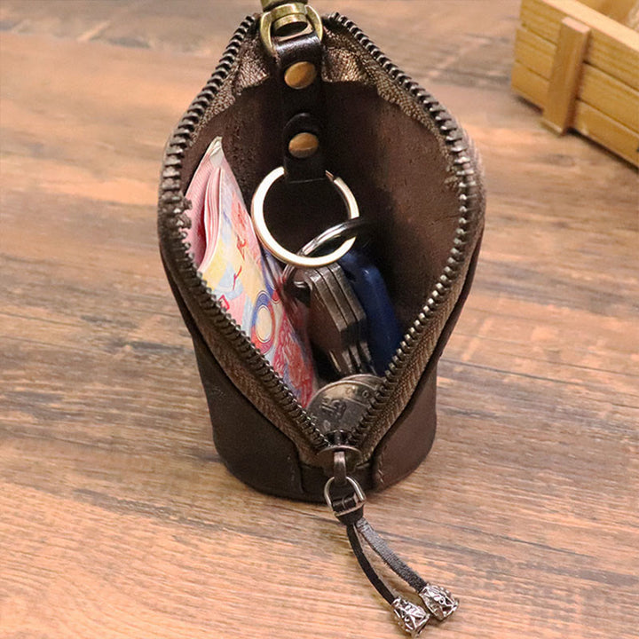 Retro Mini Geldbörse aus echtem Leder mit Reißverschluss, kleine Aufbewahrungstasche