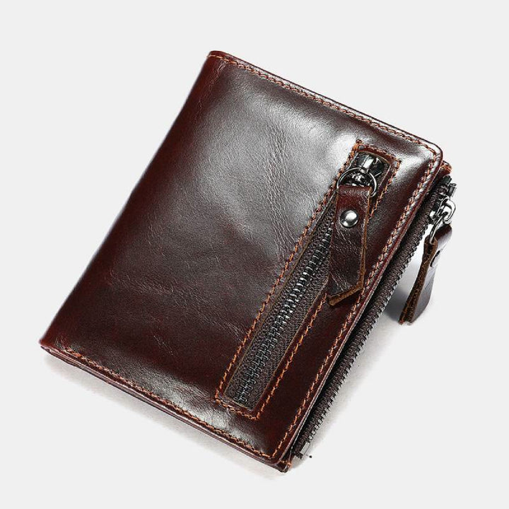 Bifold-Geldbörse für Herren aus echtem Leder mit Kartenhalter und doppeltem Reißverschlussfach