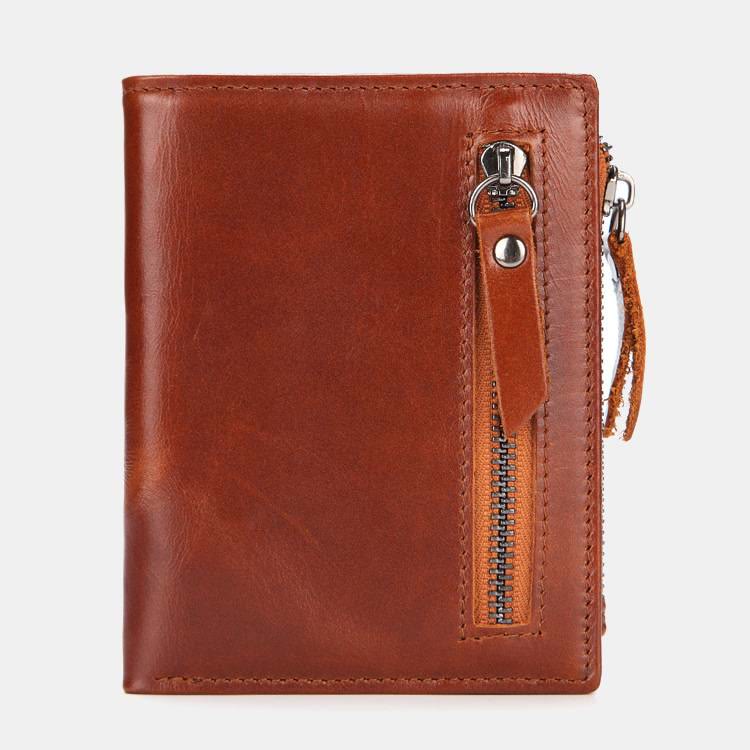 Bifold-Geldbörse für Herren aus echtem Leder mit Kartenhalter und doppeltem Reißverschlussfach