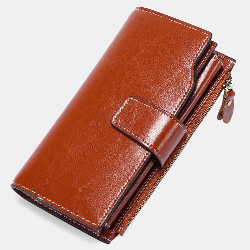 RFID-blockierende lange Brieftasche aus Ölwachsleder, Telefongeldbörse mit Reißverschlusstasche - Schokolade - image 19