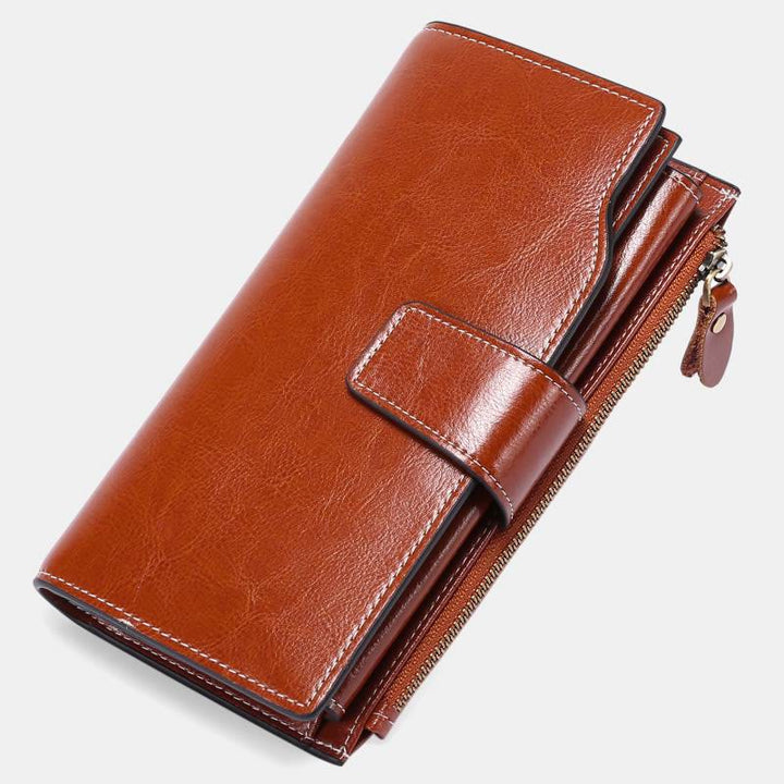 RFID-blockierende lange Brieftasche aus Ölwachsleder, Telefongeldbörse mit Reißverschlusstasche - Schokolade - image 19