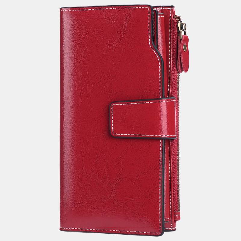 RFID-blockierende lange Brieftasche aus Ölwachsleder, Telefongeldbörse mit Reißverschlusstasche - Rot - image 16