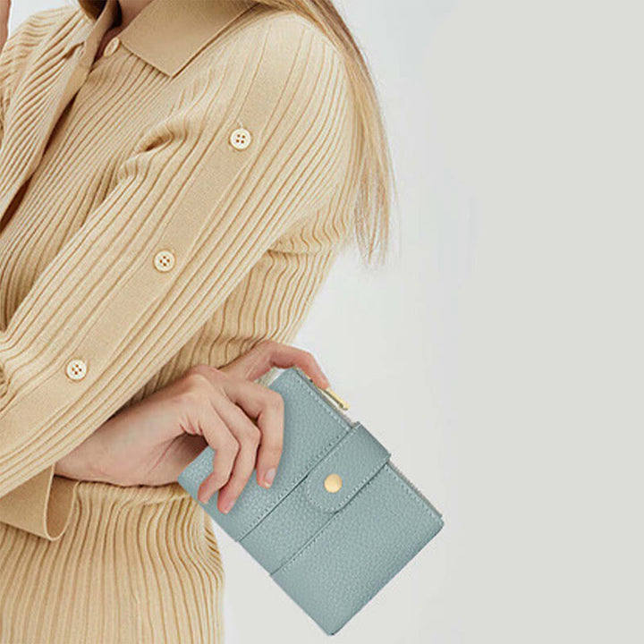 Dreifach faltbare, kompakte Geldbörse für Damen aus echtem Leder mit RFID-Blockierung