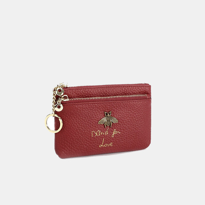 Geldbörse aus echtem Leder im Retro-Stil mit Bienenmotiv, Mini-Geldbörse mit Reißverschluss und Schlüsselanhänger