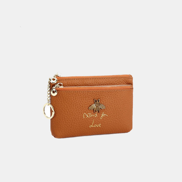 Geldbörse aus echtem Leder im Retro-Stil mit Bienenmotiv, Mini-Geldbörse mit Reißverschluss und Schlüsselanhänger