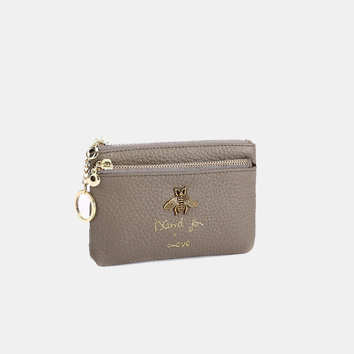 Geldbörse aus echtem Leder im Retro-Stil mit Bienenmotiv, Mini-Geldbörse mit Reißverschluss und Schlüsselanhänger