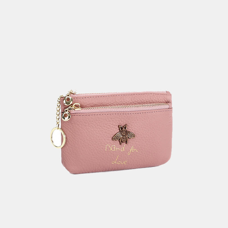 Geldbörse aus echtem Leder im Retro-Stil mit Bienenmotiv, Mini-Geldbörse mit Reißverschluss und Schlüsselanhänger
