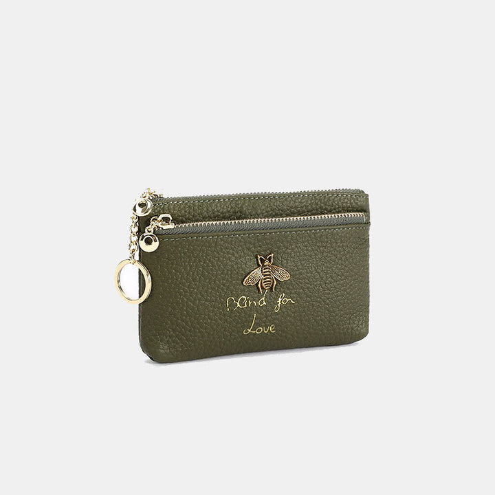 Geldbörse aus echtem Leder im Retro-Stil mit Bienenmotiv, Mini-Geldbörse mit Reißverschluss und Schlüsselanhänger