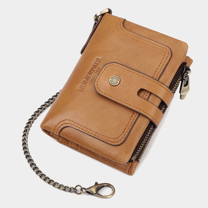 Dreifach gefaltete kleine Brieftasche aus echtem Leder mit RFID-Blockierung und Kette