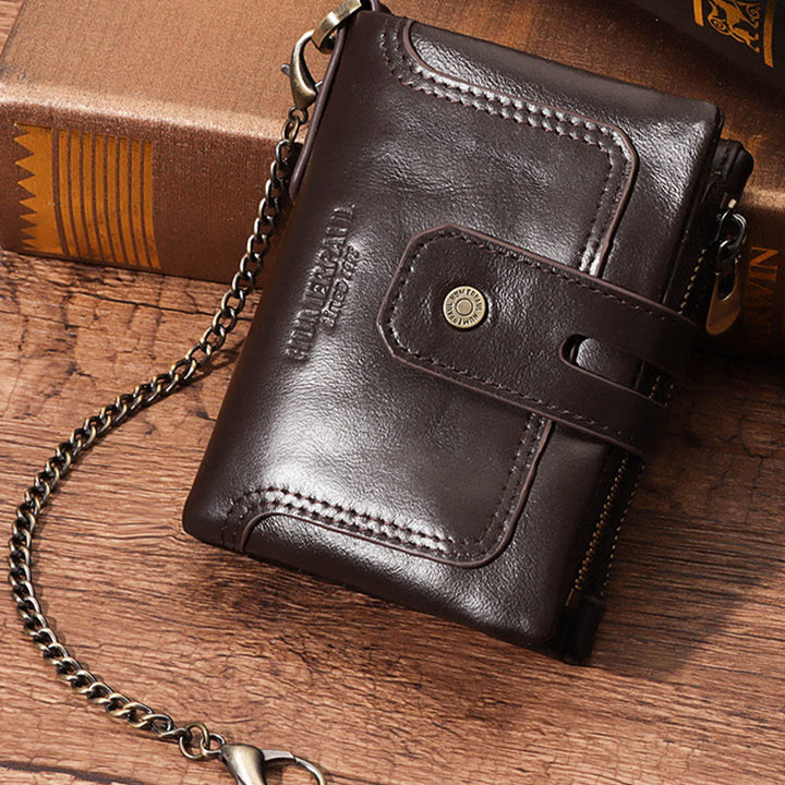 Dreifach gefaltete kleine Brieftasche aus echtem Leder mit RFID-Blockierung und Kette