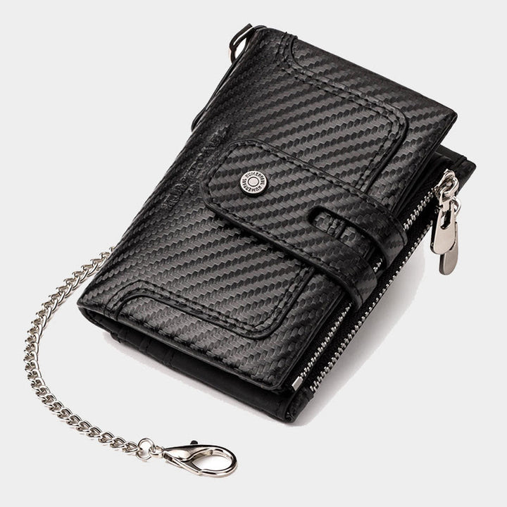 Dreifach gefaltete kleine Brieftasche aus echtem Leder mit RFID-Blockierung und Kette