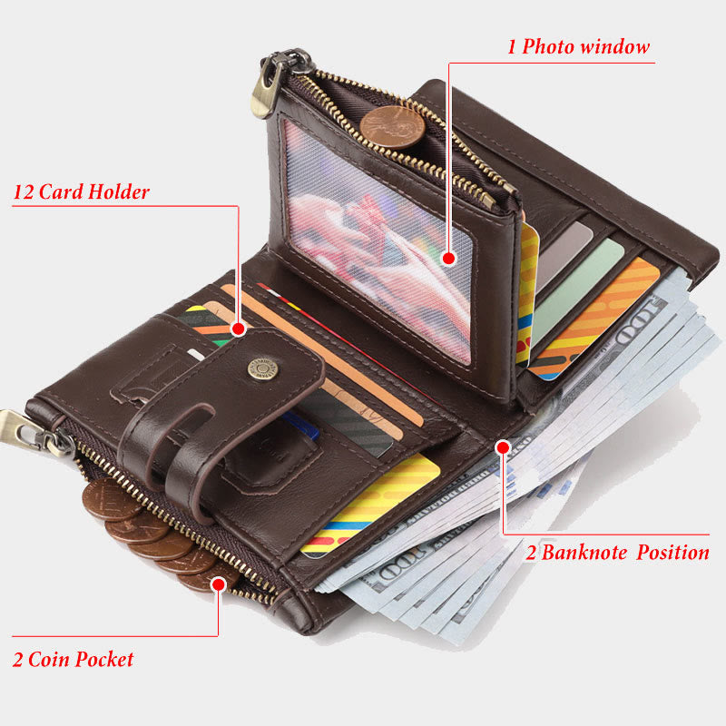 Dreifach gefaltete kleine Brieftasche aus echtem Leder mit RFID-Blockierung und Kette