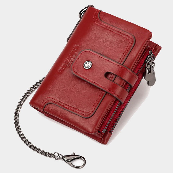 Dreifach gefaltete kleine Brieftasche aus echtem Leder mit RFID-Blockierung und Kette