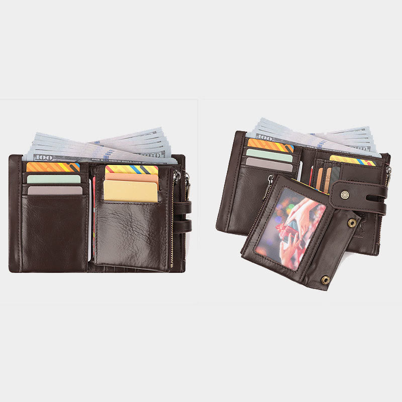 Dreifach gefaltete kleine Brieftasche aus echtem Leder mit RFID-Blockierung und Kette