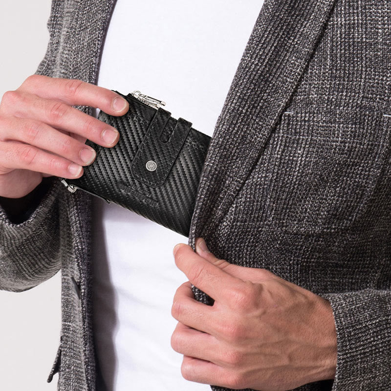 Dreifach gefaltete kleine Brieftasche aus echtem Leder mit RFID-Blockierung und Kette